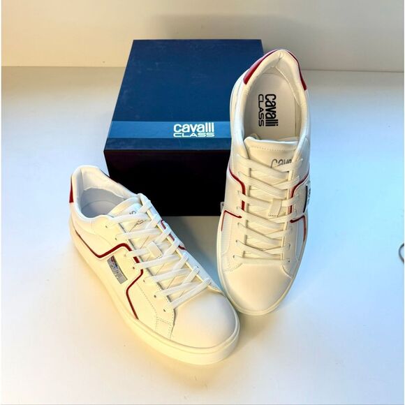 NWT Roberto Cavalli metal logo low top men sneaker in white with red accent Size - Picture 11 of 12